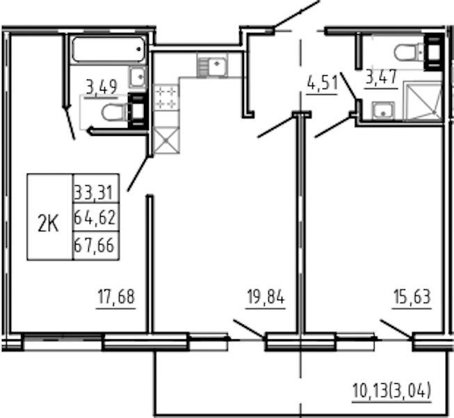 2-комнатная квартира 67.66 м², 2/5 эт., Комплекс апартаментов «Bereg. Курортный»